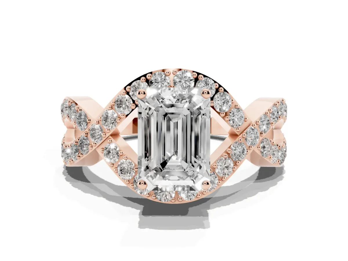 Emerald Cut Solitaire Twist Band Pavé Diamond Engagement Ring Rose gold