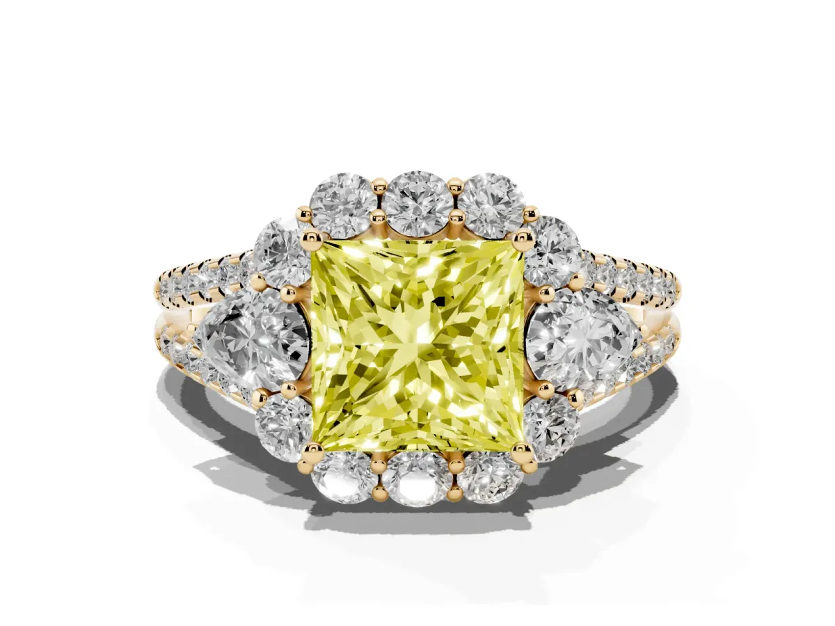 Fancy Yellow Princess Cut Halo Split Shank Diamond Engagement Ring with Prong Setting Yellow gold