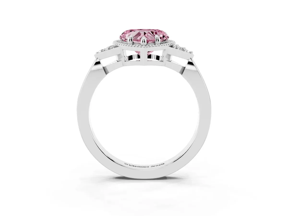 Fancy Pink Milgrain Heart Cut Cut Diamond Ring with Tapered Pave Band and Four Prong Setting Platinum