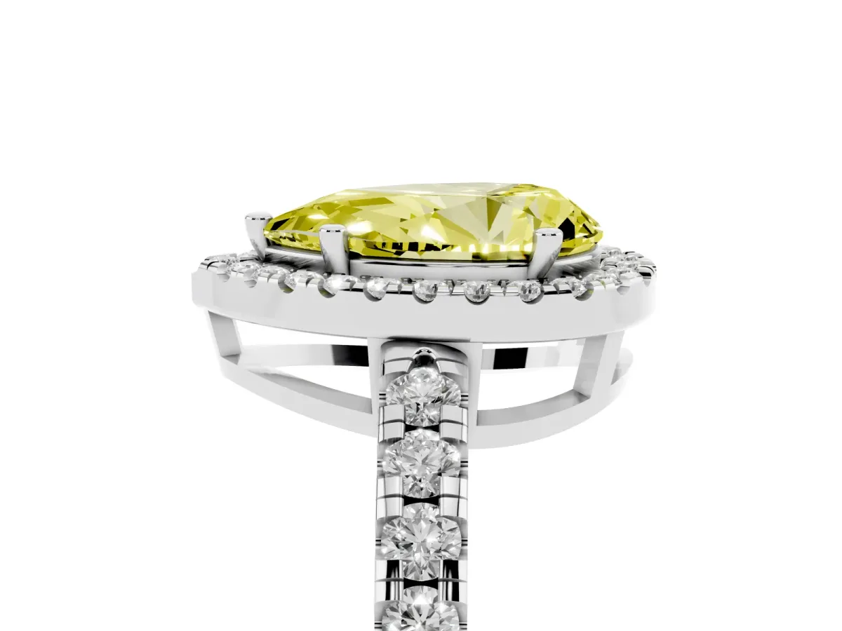 Fancy Yellow Pear Cut Diamond Halo Ring with Pavé Band and Four-Prong Setting White gold