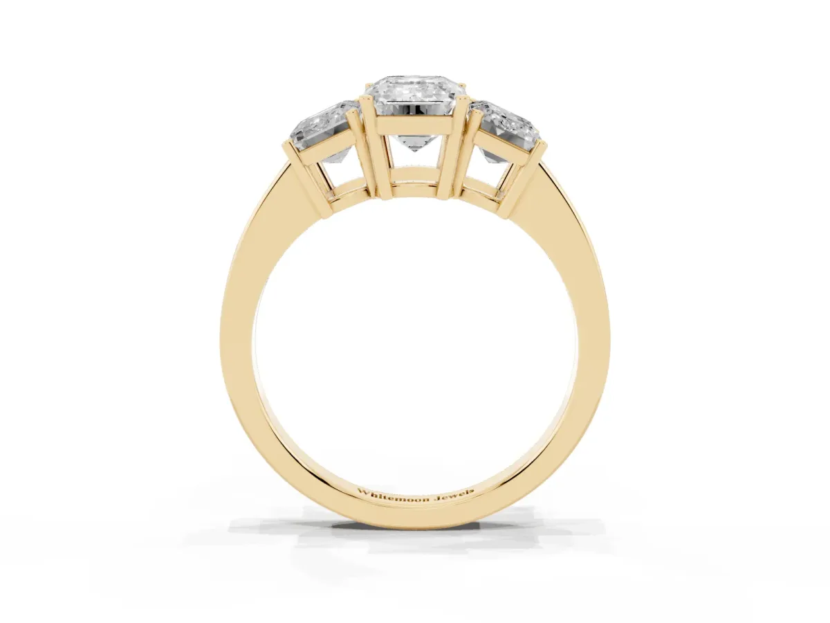 Three-Stone Emerald Cut Cut Diamond Engagement Ring with Flat Band and Four-Prong Setting Yellow gold