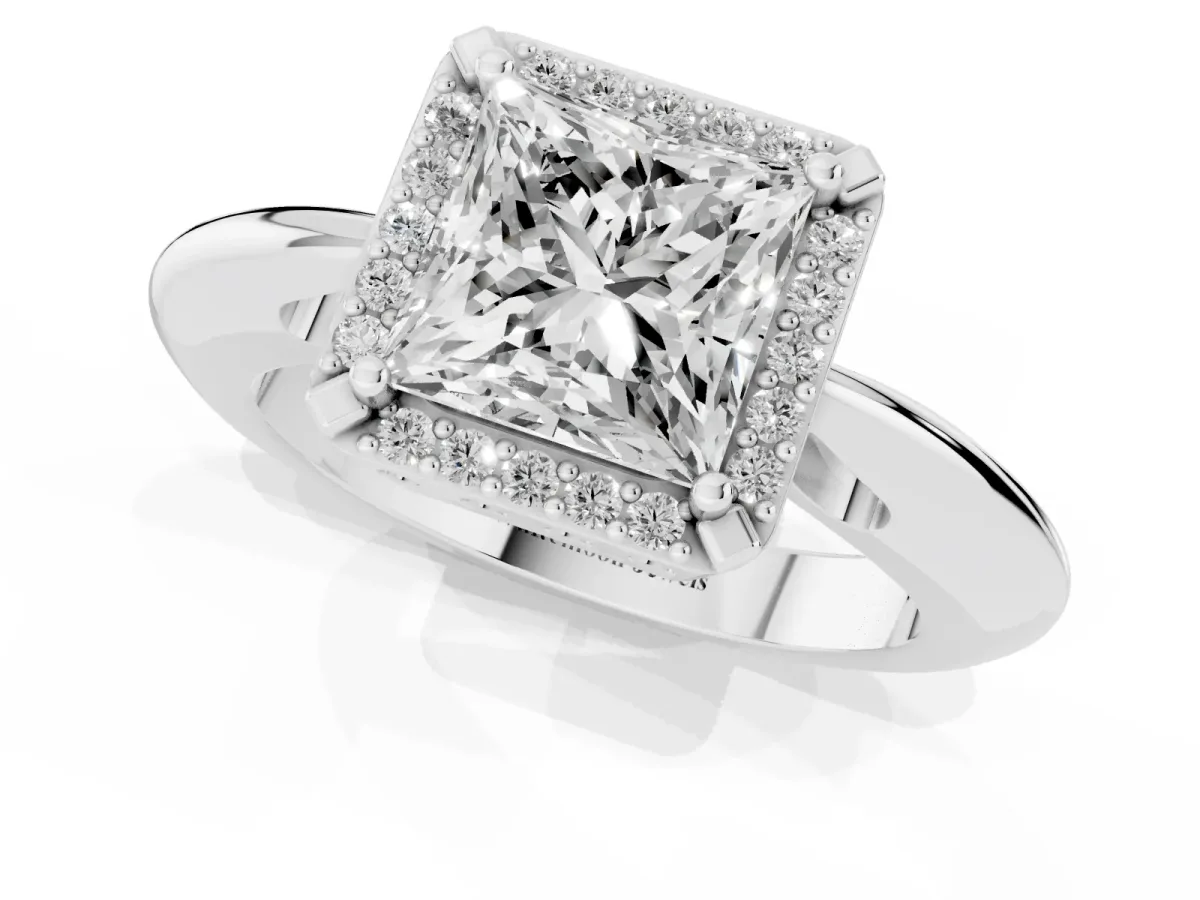 Princess Cut Cut Diamond Halo Engagement Ring with Split Shank and Four-Prong Setting Silver