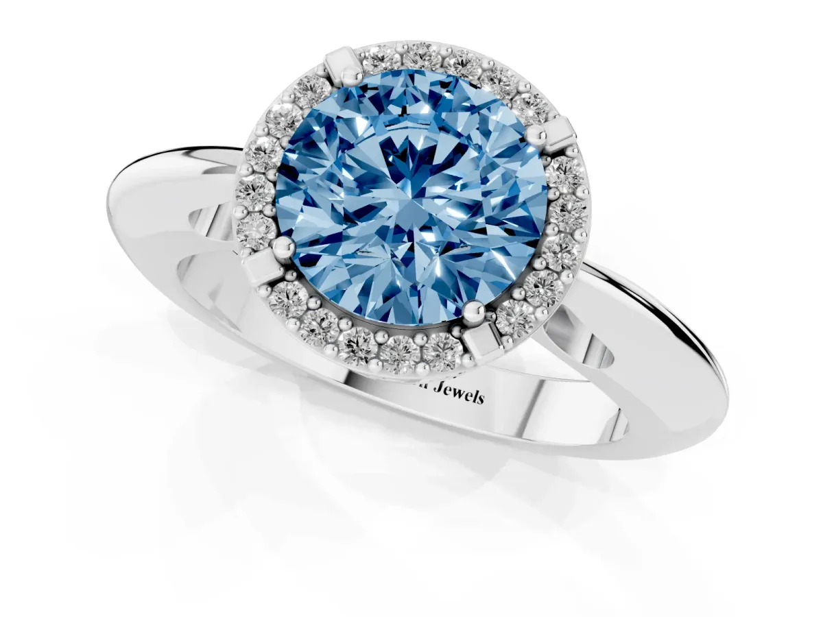 Fancy Blue Round Cut Cut Diamond Halo Engagement Ring with Split Shank and Four-Prong Setting Silver