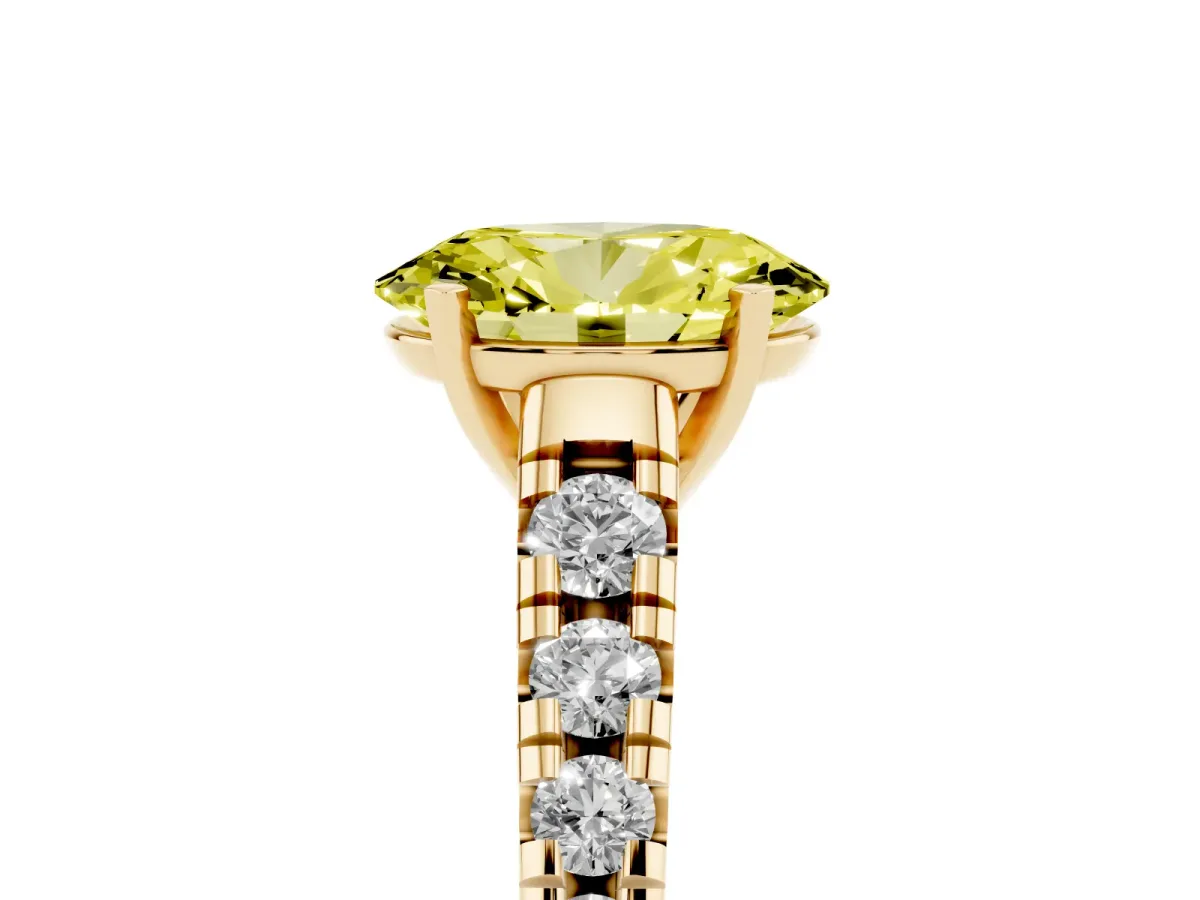 Fancy Yellow Oval Cut Diamond Cathedral Solitaire Ring with Round Pavé Band Yellow gold