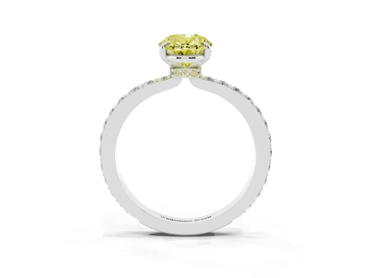 Fancy Yellow Oval Cut Diamond Pavé Engagement Ring with Round Accents and Prong Setting Silver