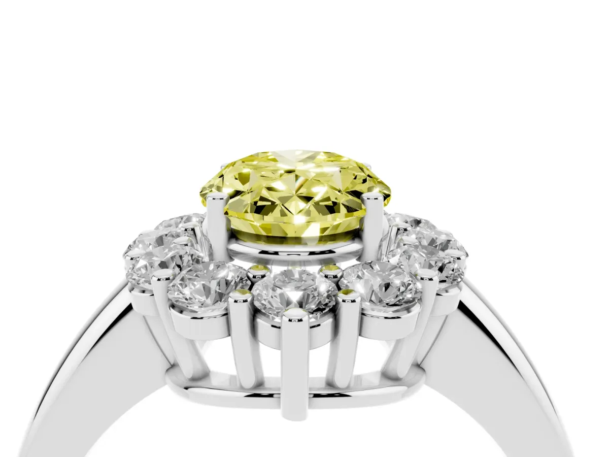 Fancy Yellow Oval Cut Halo Cluster Diamond Engagement Ring with Prong Setting and Polished Band Platinum