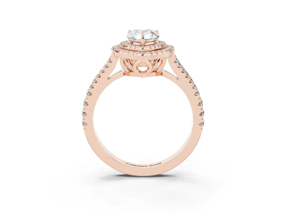 Pear Cut Diamond Double Halo Ring with Pavé Band and Prong Setting Rose gold