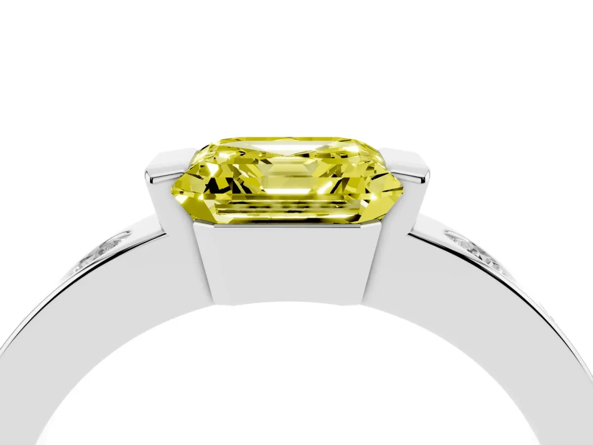 Fancy Yellow Asscher Cut Brilliant Channel-Set Diamond Ring with Bezel Prong Setting Platinum