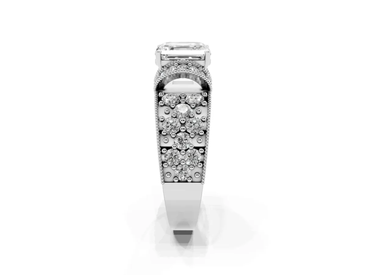 Asscher Cut Halo Pave Diamond Engagement Ring with Milgrain Detailing Silver