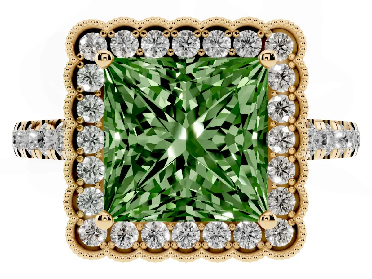 Fancy Green Princess Cut Cut Diamond Milgrain Floral Halo Engagement Ring with Pavé Band Yellow gold