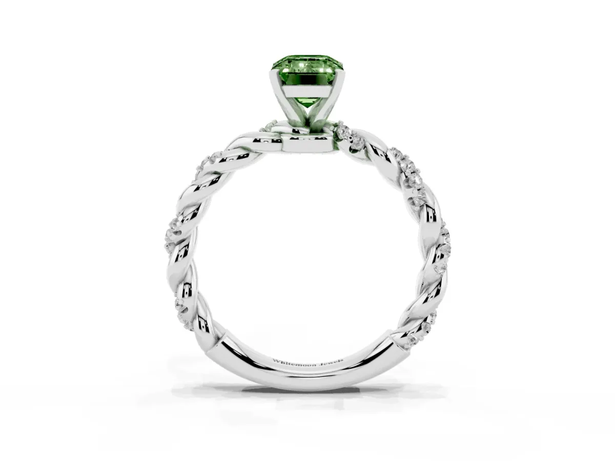 Fancy Green Emerald Cut Diamond Solitaire Ring with Twisted Band and Pavé Accents Silver