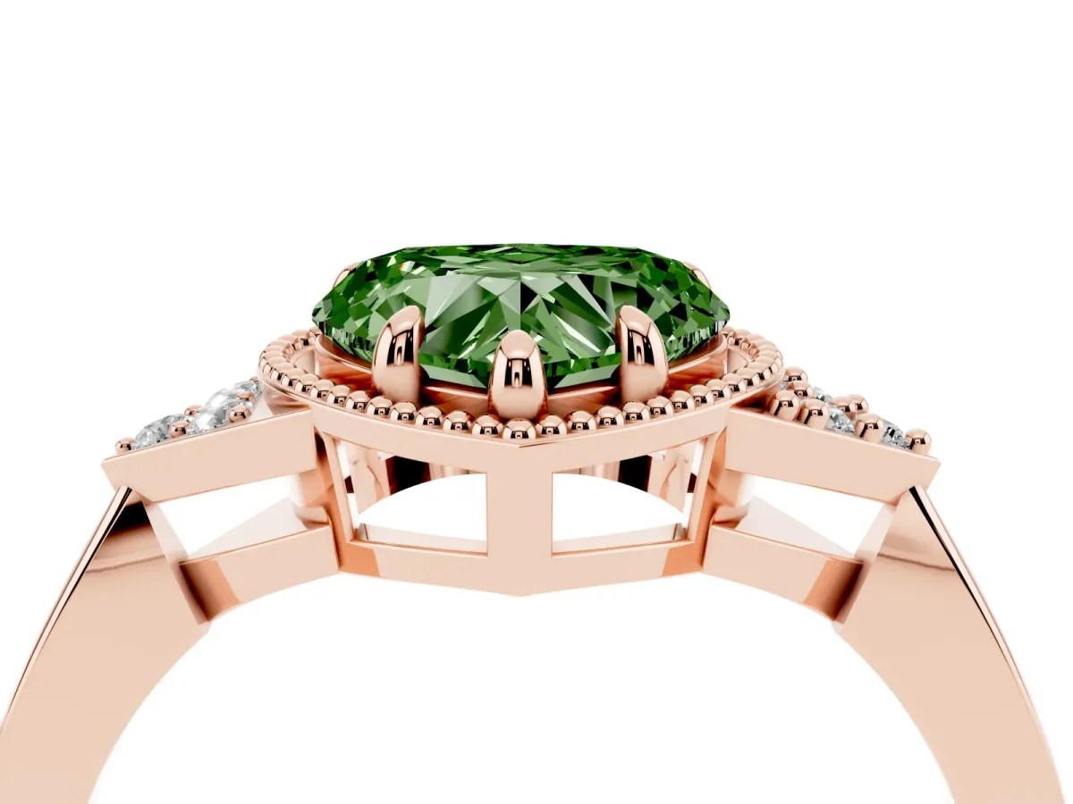 Fancy Green Milgrain Heart Cut Cut Diamond Ring with Tapered Pave Band and Four Prong Setting Rose gold