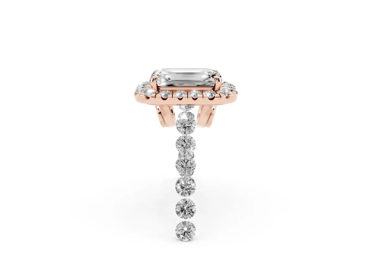 Emerald Cut Halo Pavé Diamond Engagement Ring with Four-Prong Setting Rose gold