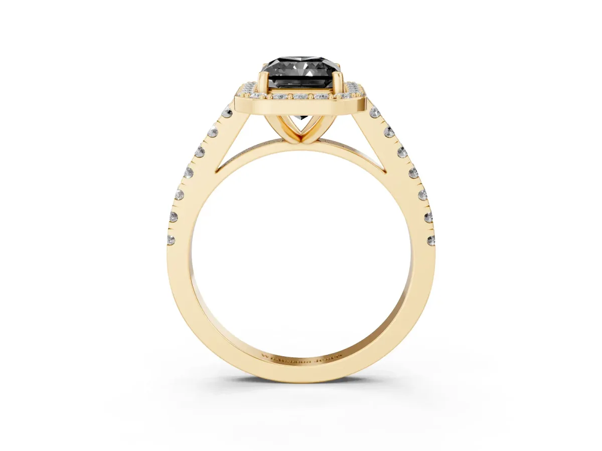 Fancy Black Radiant Cut Diamond Halo Ring with Round Pavé Split Shank and Prong Setting Yellow gold