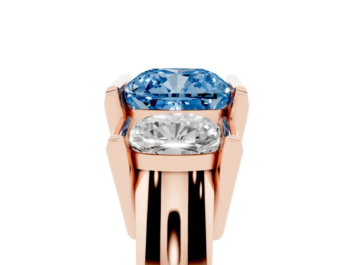 Fancy Blue Three Stone Cushion Cut Cut Channel Set Diamond Ring Rose gold