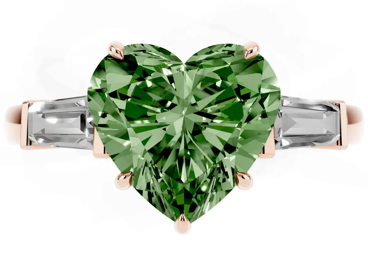 Fancy Green Heart Cut Diamond Three-Stone Ring with Tapered Baguette Side Stones and Prong Setting Rose gold