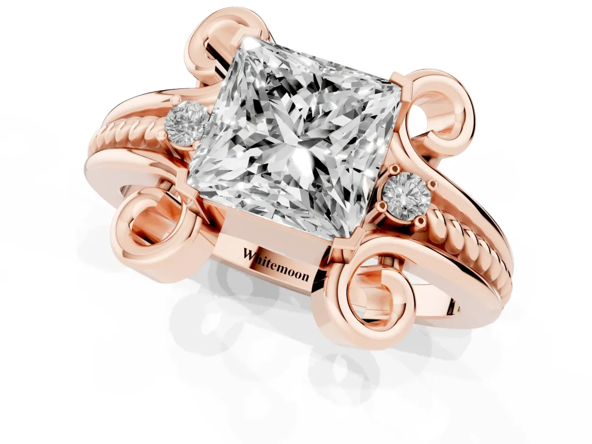 Princess Cut Solitaire Twisted Band Scroll Prong Ring Rose gold