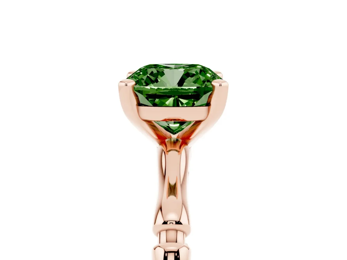 Fancy Green Cushion Cut Solitaire Diamond Ring with Bamboo Band and Four-Prong Setting Rose gold