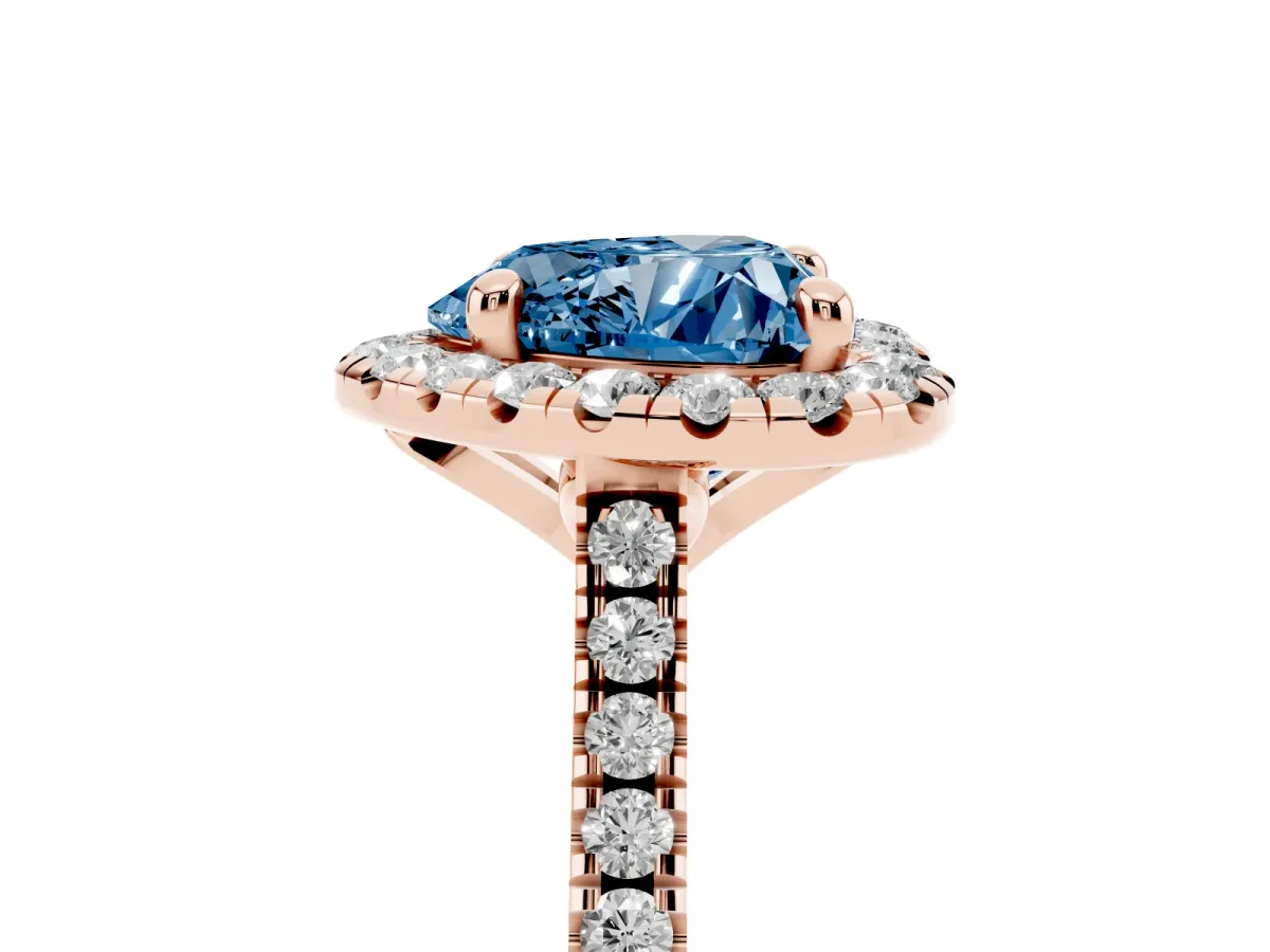 Fancy Blue Heart Cut Diamond Cushion Halo Ring with Pavé Band Rose gold