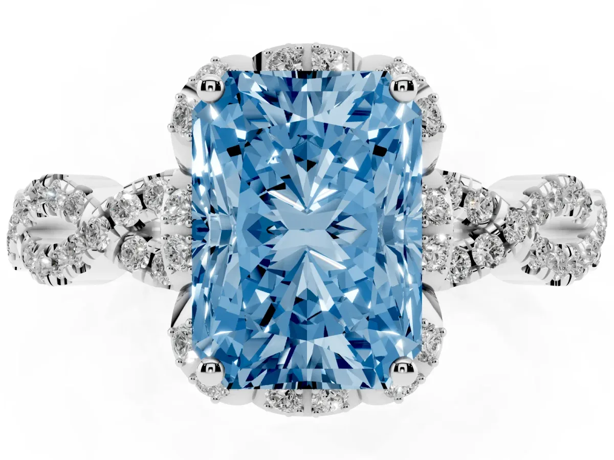 Fancy Blue Radiant Cut Halo Twist Band Solitaire Ring with Six-Prong Setting White gold