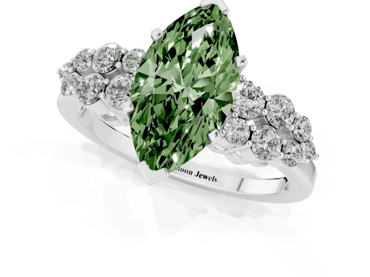 Fancy Green Marquise Cut Cluster Diamond Engagement Ring with Pavé Band and Four-Prong Setting White gold
