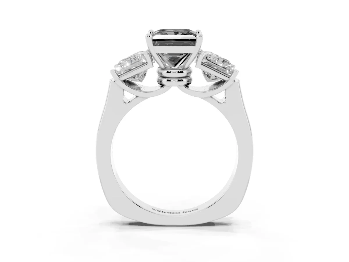 Fancy Black Three-Stone Princess Cut Brilliant Diamond Trellis Ring with Comfort Fit Band Platinum