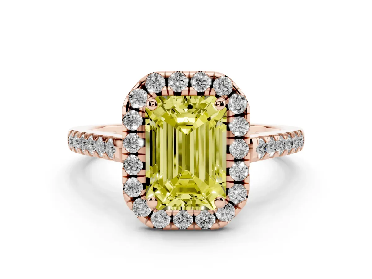 Fancy Yellow Emerald Cut Halo Pavé Diamond Engagement Ring with Four-Prong Setting Rose gold