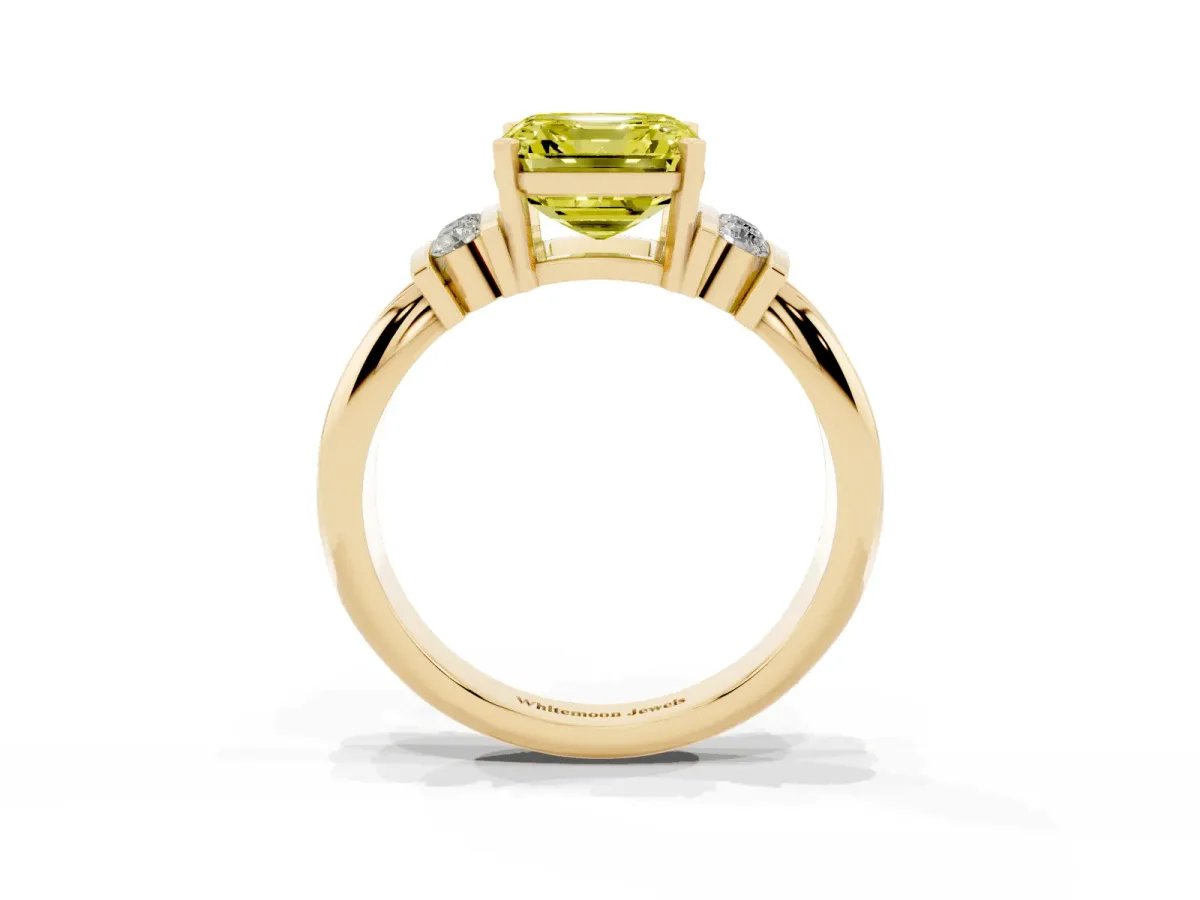 Fancy Yellow Asscher Cut Cut Three-Stone Channel Set Ring with Bar Prongs Yellow gold
