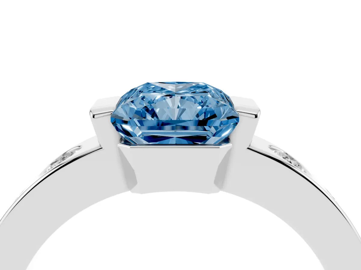 Fancy Blue Radiant Cut Brilliant Channel-Set Diamond Ring with Bezel Prong Setting Silver