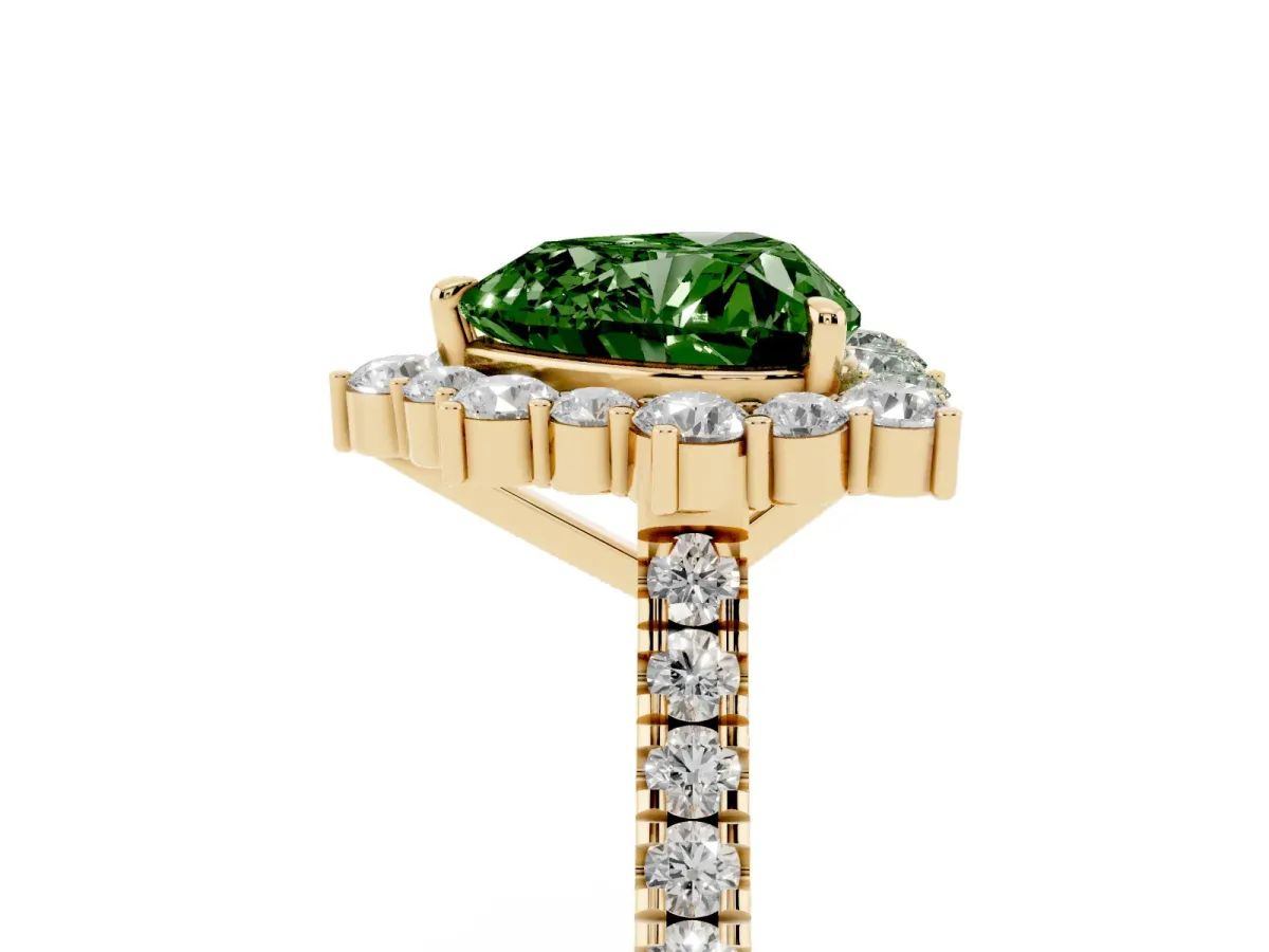 Fancy Green Heart Cut Halo Diamond Ring with Pavé Band and Prong Setting Yellow gold