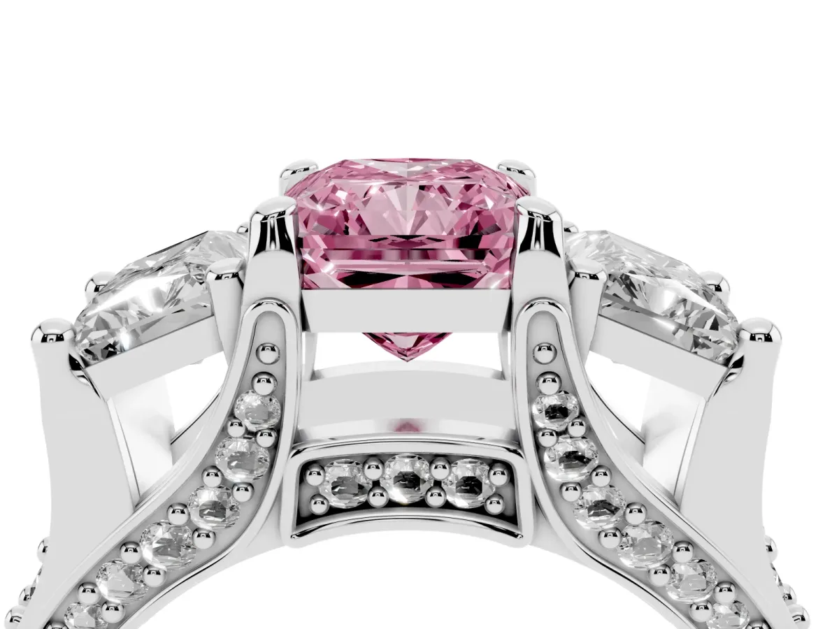 Fancy Pink Radiant Cut Diamond Three-Stone Ring with Channel Set Band and Four-Prong Setting Silver
