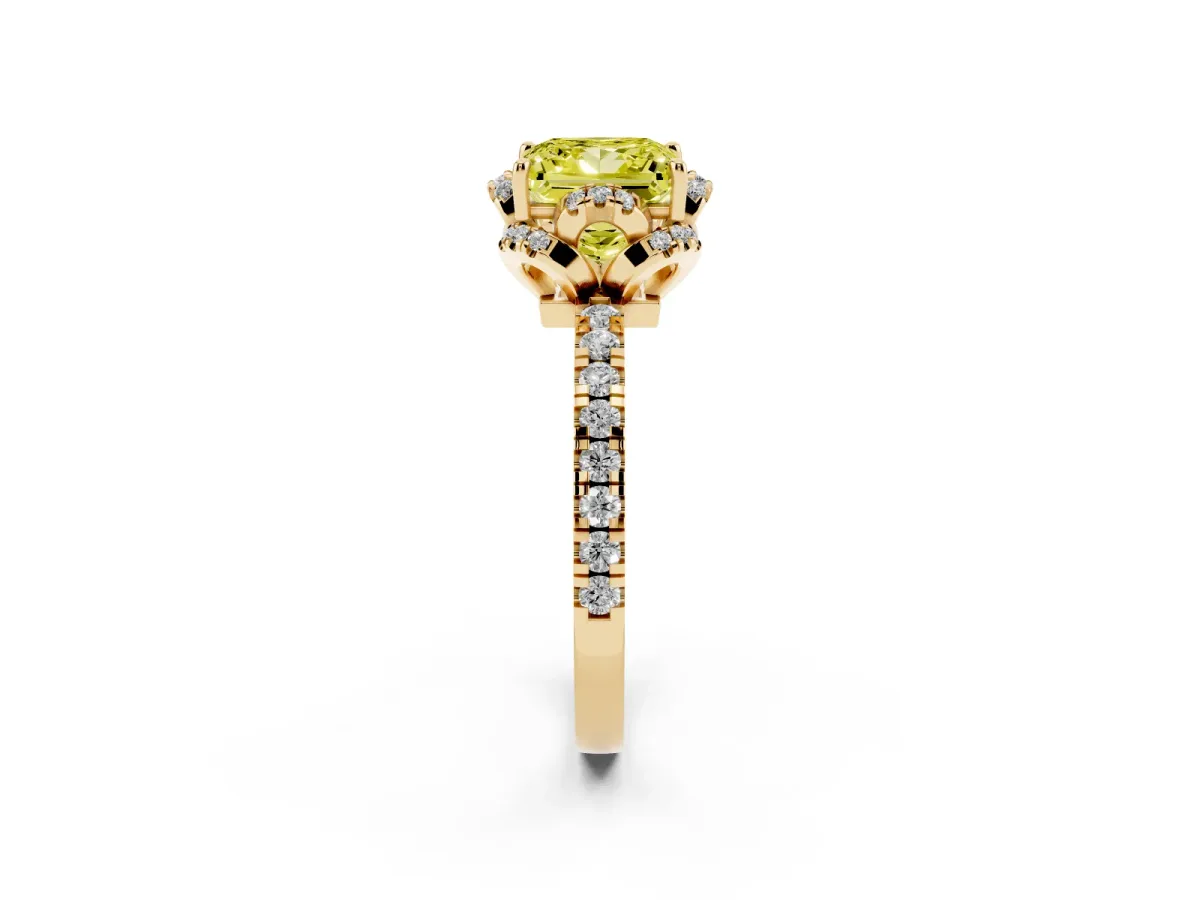 Fancy Yellow Princess Cut Halo Diamond Pave Band Ring with Four-Prong Setting Yellow gold