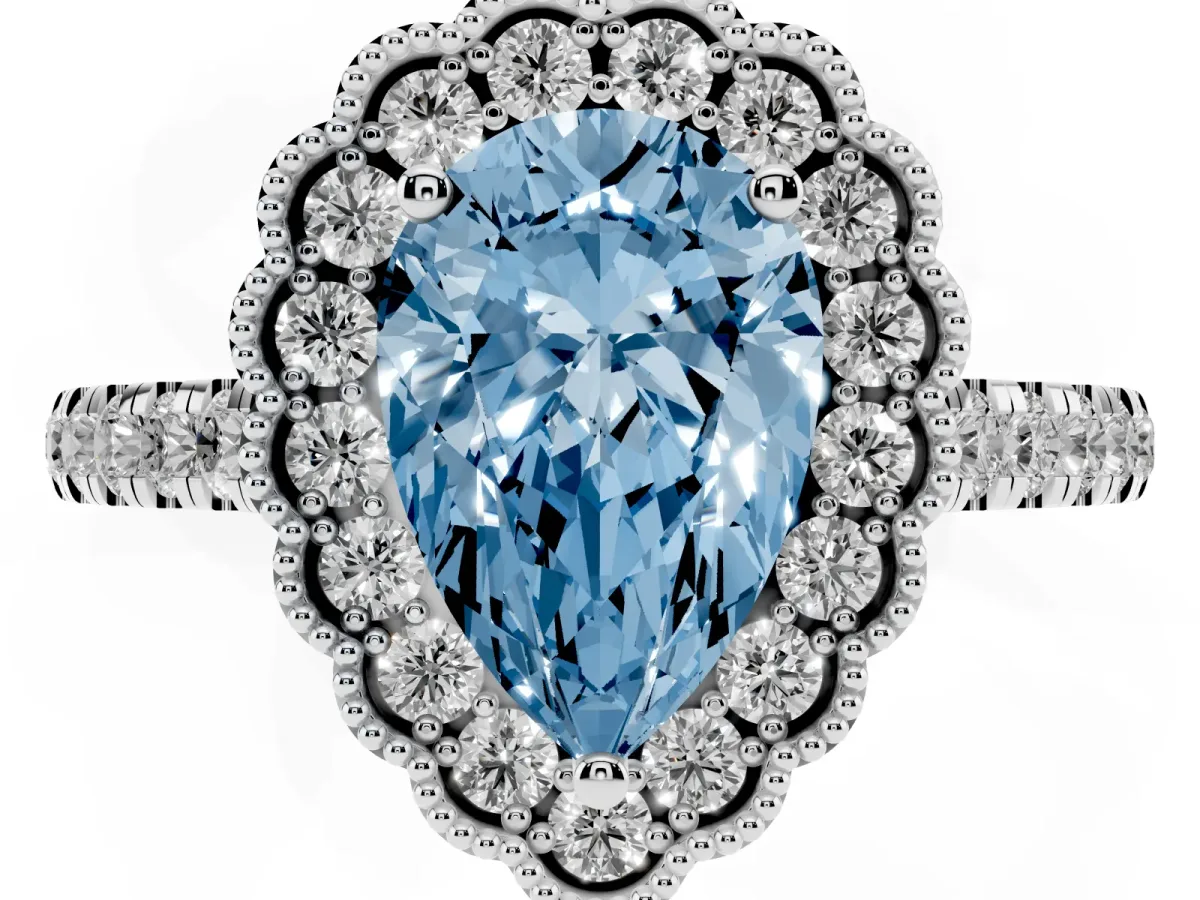 Fancy Blue Pear Cut Cut Diamond Milgrain Floral Halo Engagement Ring with Pavé Band White gold