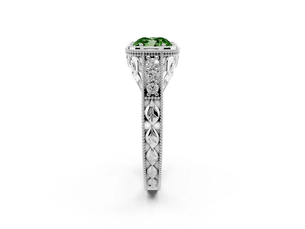 Fancy Green Bezel Set Cushion Cut Diamond Milgrain Pave Engagement Ring Silver