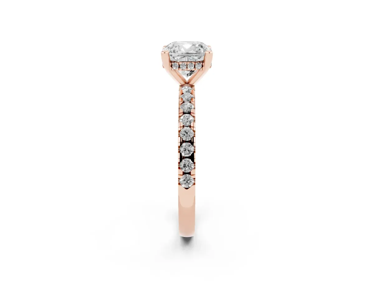 Cushion Cut Diamond Solitaire Ring with Round Pavé Band and Four-Prong Setting Rose gold