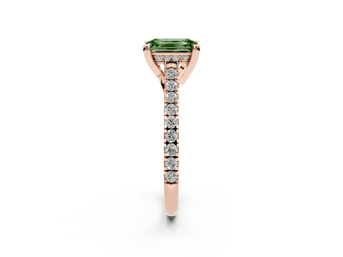Fancy Green Emerald Cut Brilliant Diamond Solitaire with Pavé Band and Four-Prong Setting Rose gold