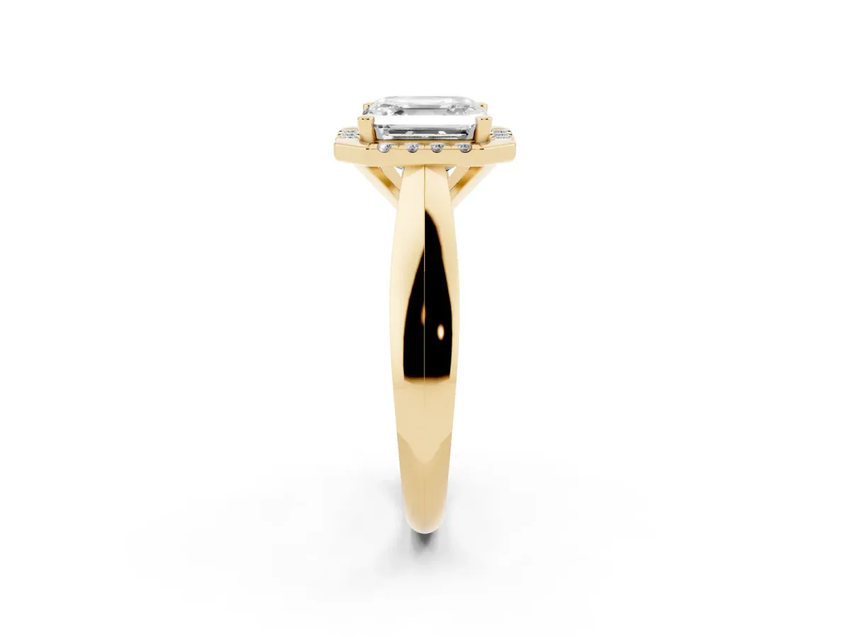 Asscher Cut Cut Halo Solitaire Engagement Ring with Square Band and Four-Prong Setting Yellow gold