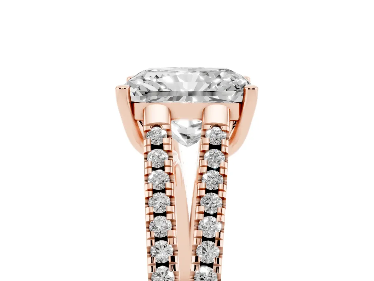 Radiant Cut Diamond Solitaire Engagement Ring with Split Shank Pavé Band Rose gold