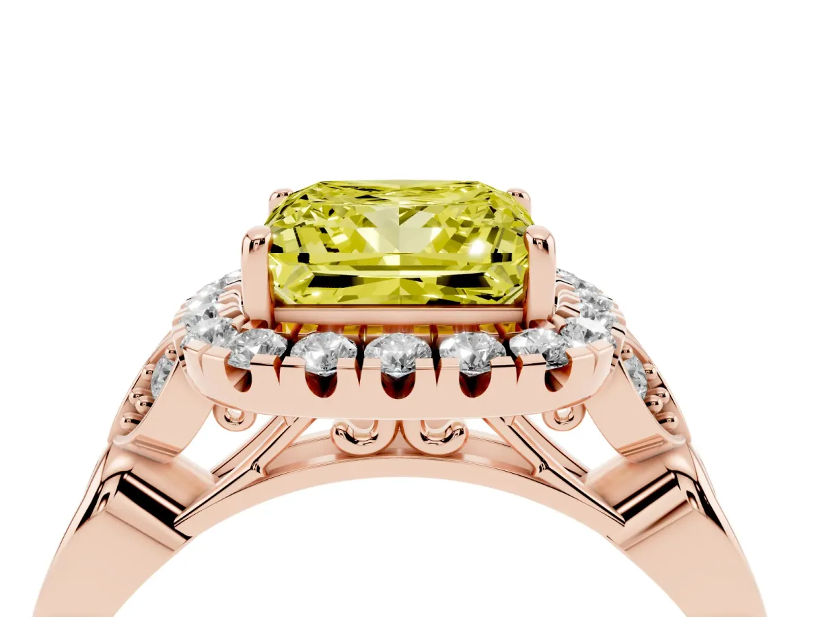 Fancy Yellow Princess Cut Halo Diamond Engagement Ring with Vintage-Inspired Band and Four-Prong Setting Rose gold