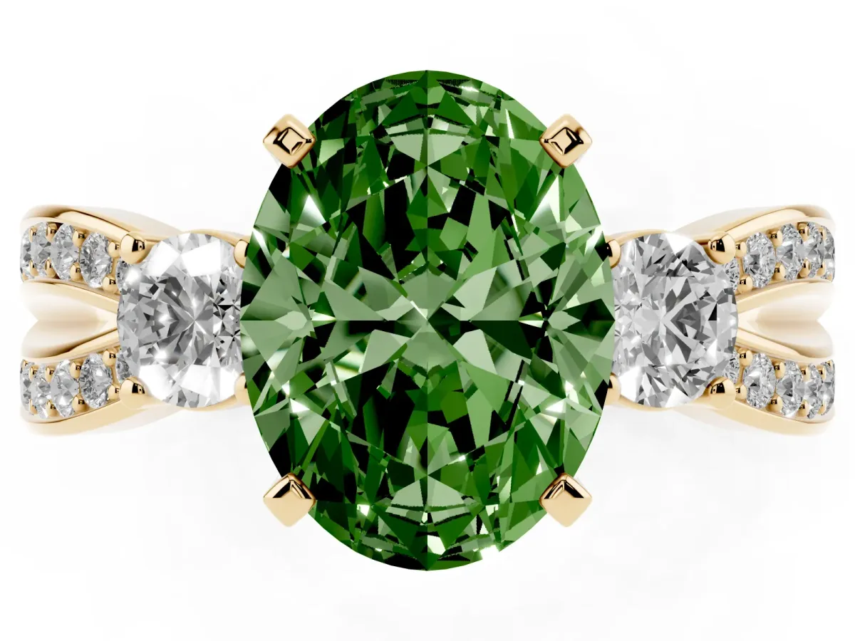 Fancy Green Three-Stone Oval Cut Cut Diamond Twist Band with Prong Setting Yellow gold