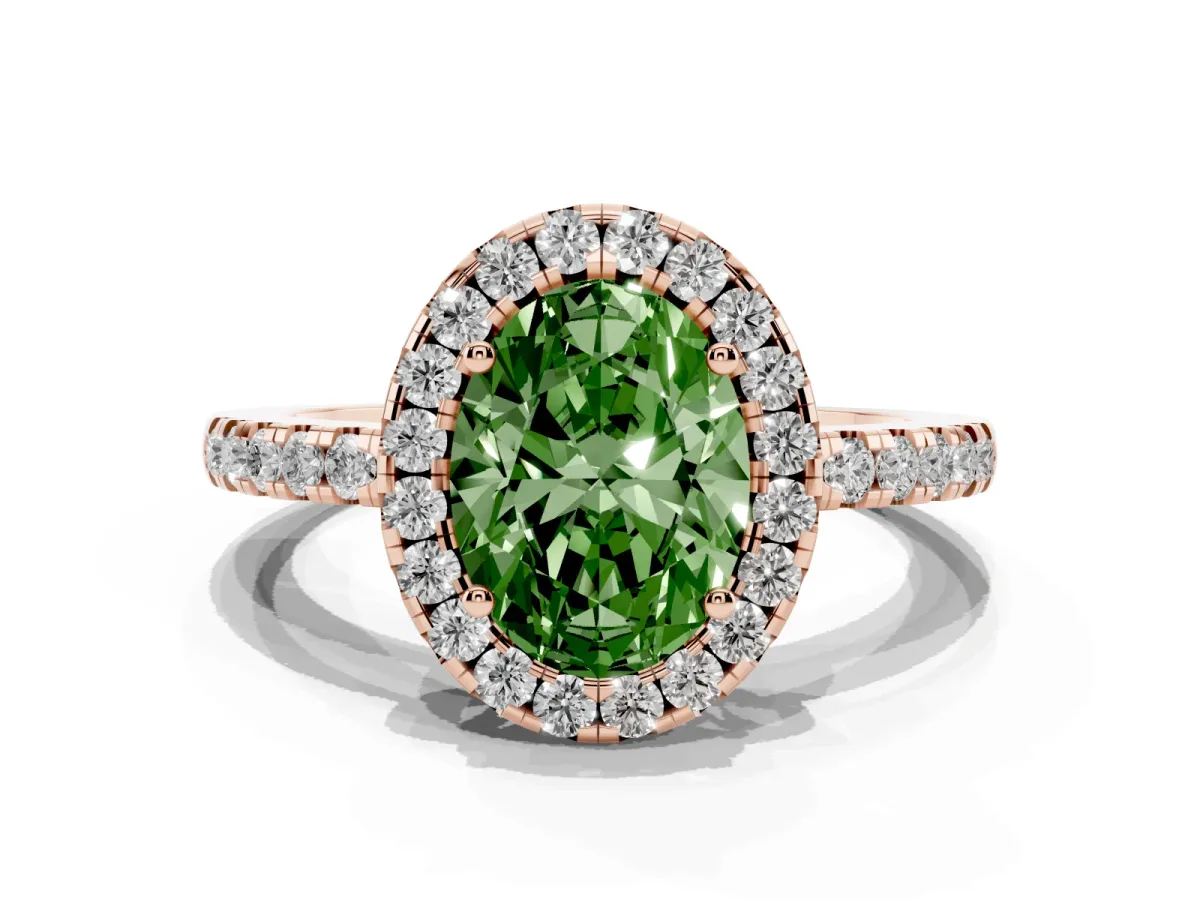 Fancy Green Oval Cut Halo Diamond Engagement Ring with Pavé Band and Four-Prong Setting Rose gold