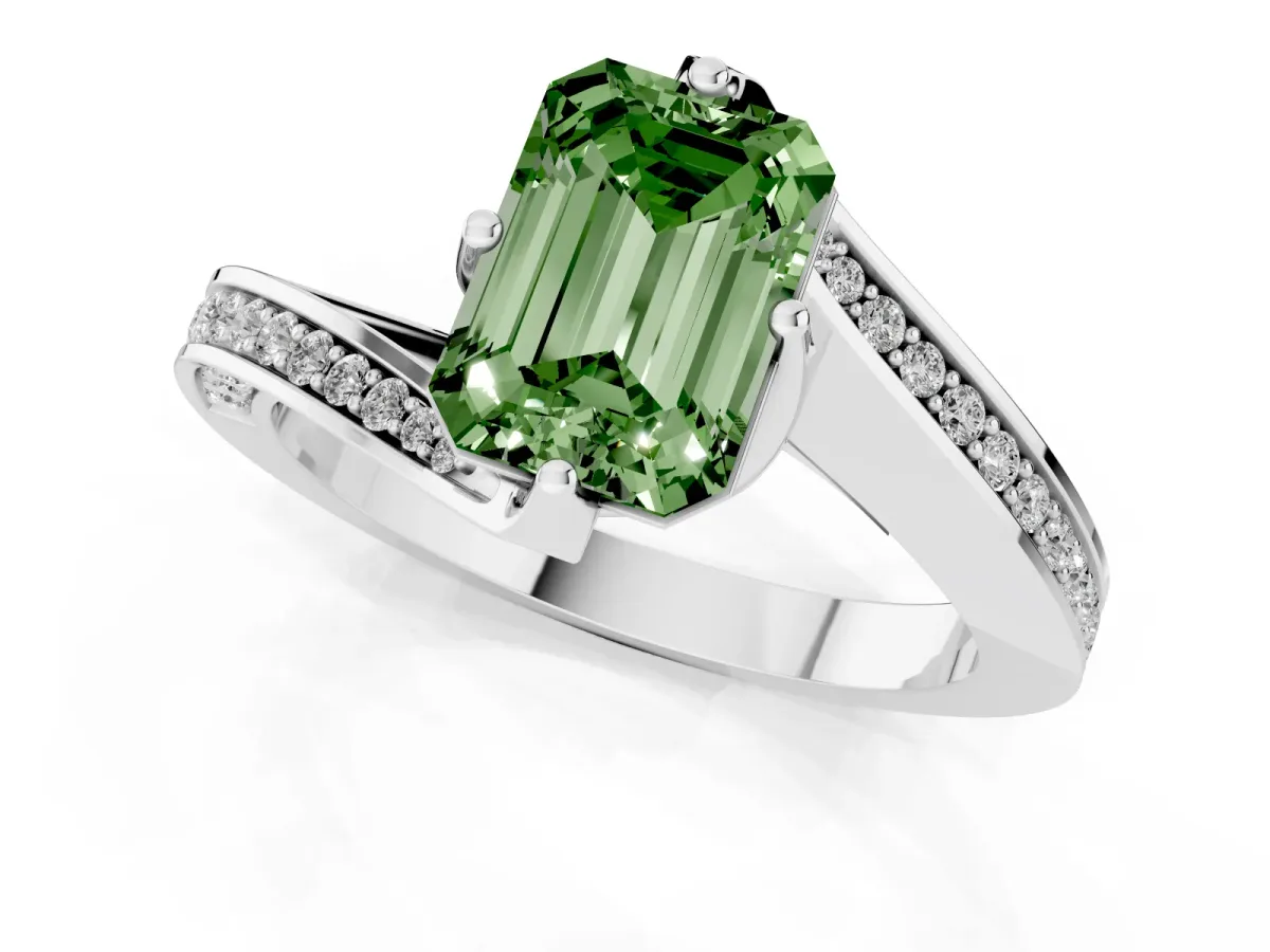 Fancy Green Emerald Cut Solitaire Diamond Twist Band with Pavé Setting and Four-Prong Setting Silver