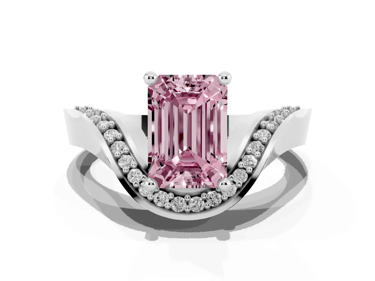 Fancy Pink Emerald Cut Solitaire Diamond Engagement Ring with Pave Band and Four-Prong Setting Platinum