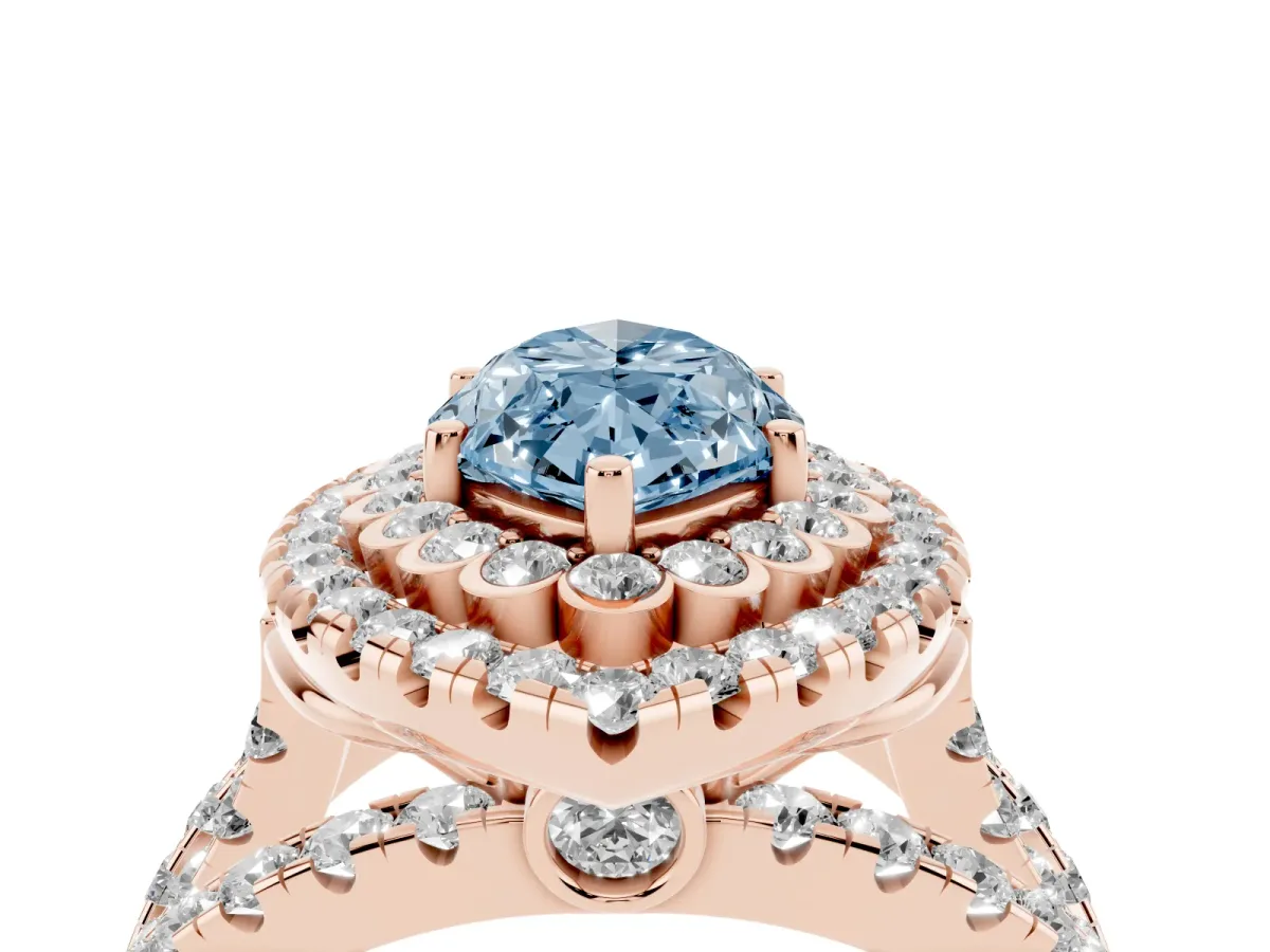 Fancy Blue Marquise Cut Diamond Double Halo Ring with Round Pavé Split Shank and Prong Setting Rose gold