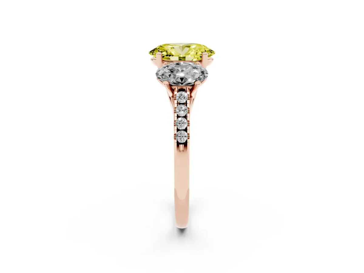 Fancy Yellow Three-Stone Oval Cut Diamond Ring with Round Pavé Band and Prong Setting Rose gold