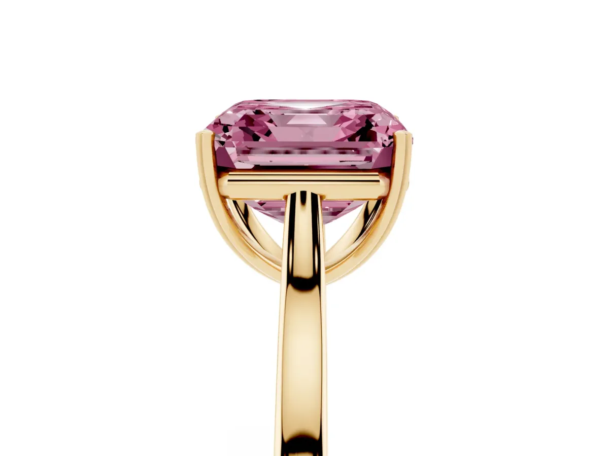 Fancy Pink Asscher Cut Solitaire Heart Prong Engagement Ring with Tapered Band Yellow gold