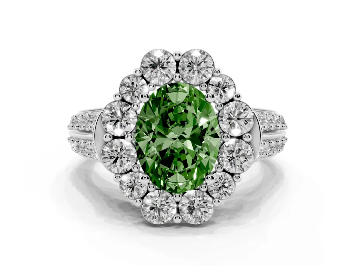 Fancy Green Oval Cut Halo Diamond Engagement Ring with Split Shank and Prong Setting Silver