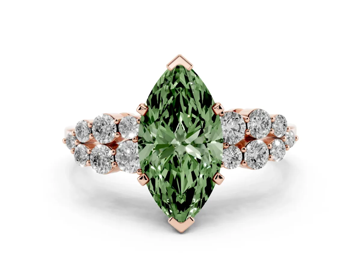 Fancy Green Marquise Cut Cluster Diamond Engagement Ring with Pavé Band and Four-Prong Setting Rose gold