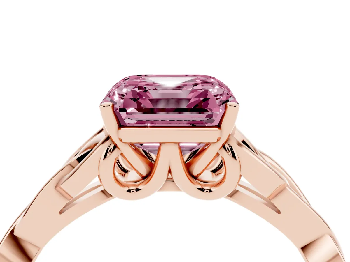 Fancy Pink Asscher Cut Diamond Solitaire Engagement Ring with Celtic Knot Band and Four-Prong Setting Rose gold