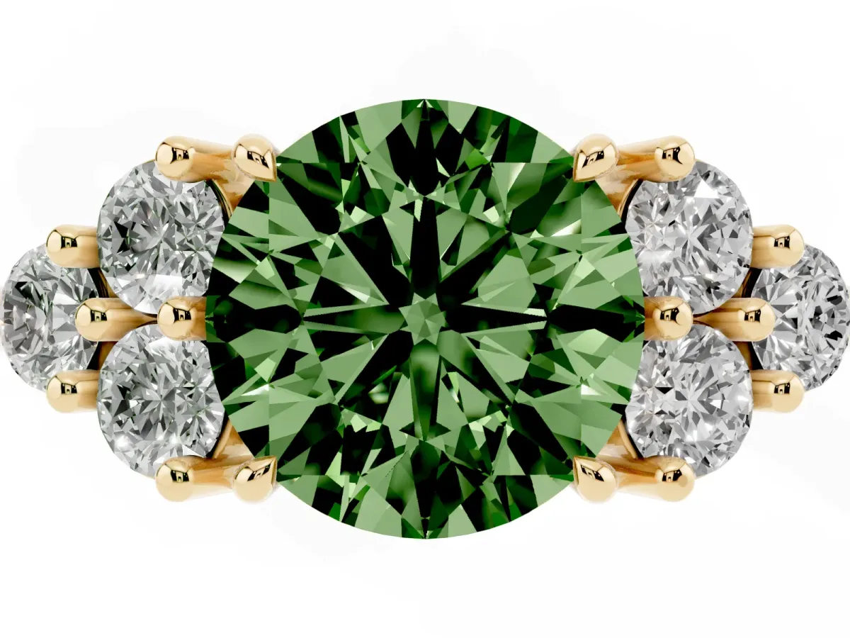 Fancy Green Round Cut Brilliant Diamond Cluster Accent Solitaire Ring with Prong Setting Yellow gold